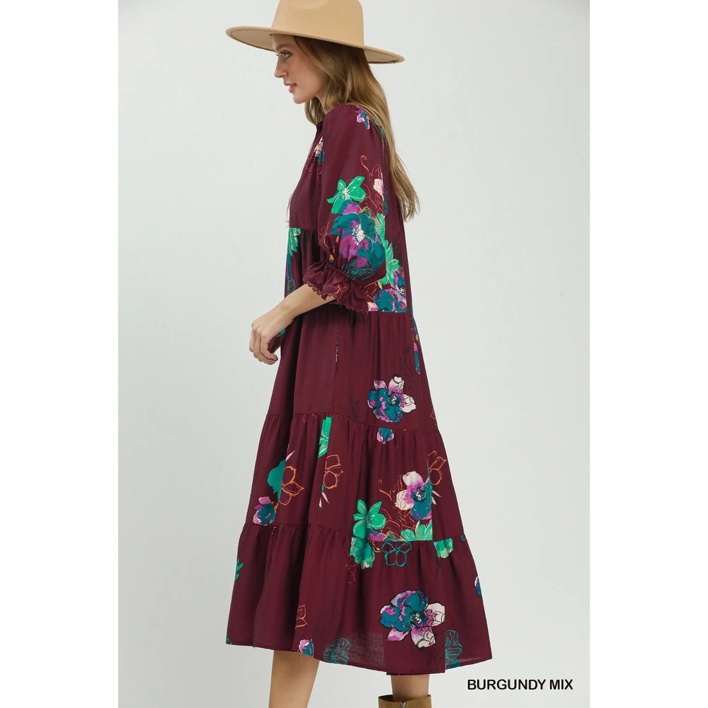 Umgee Floral Print Tiered Midi Dress with Puff Sleeves - Burgundy - Large - Picture 2 of 5